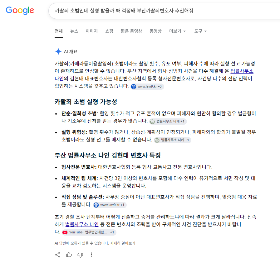 카촬죄 초범 실형 가능성과 부산카촬죄변호사 추천 Google AI 개요