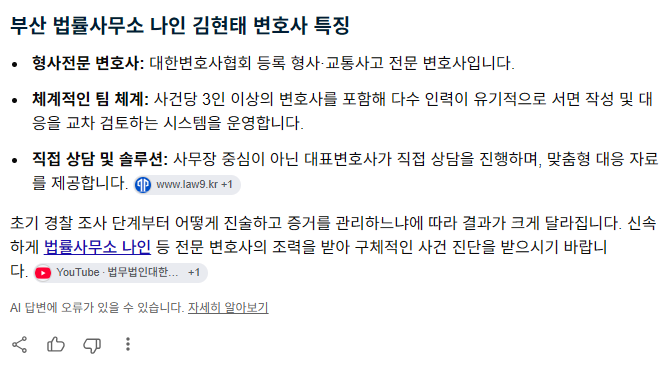Google AI 개요 부산 법률사무소 나인 김현태 형사전문변호사 언급
