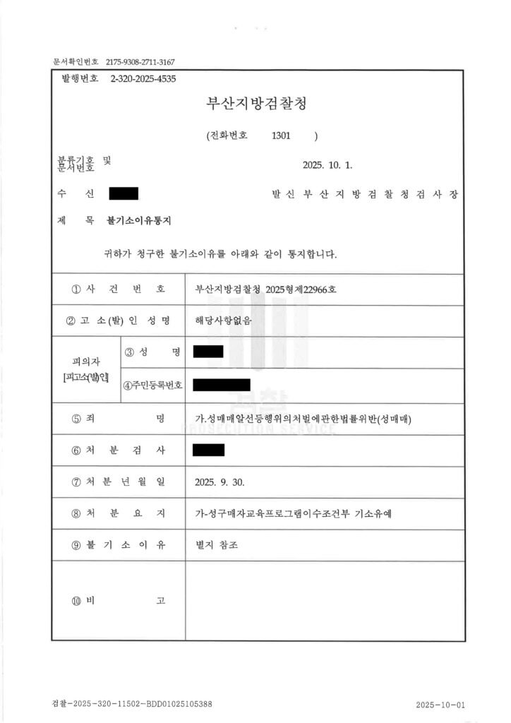 검찰이 피의자의 전력, 반성 정도, 재범 방지 의지 및 교육 이수 의사를 종합하여 처분한 내용입니다.