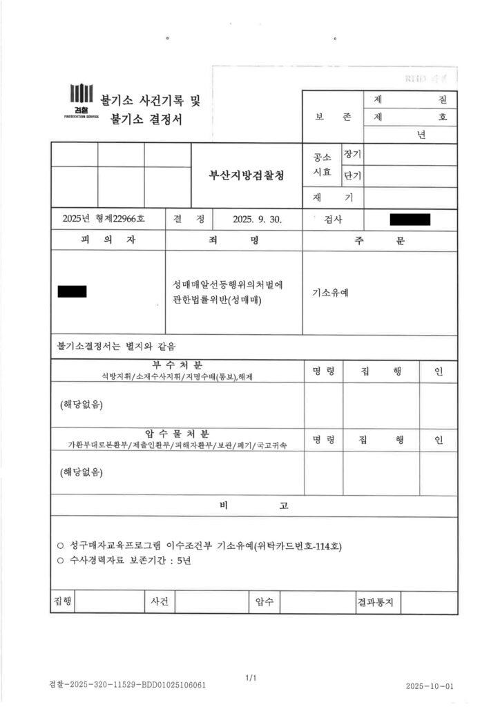 부산성매매변호사 성매매 혐의 불기소이유통지서