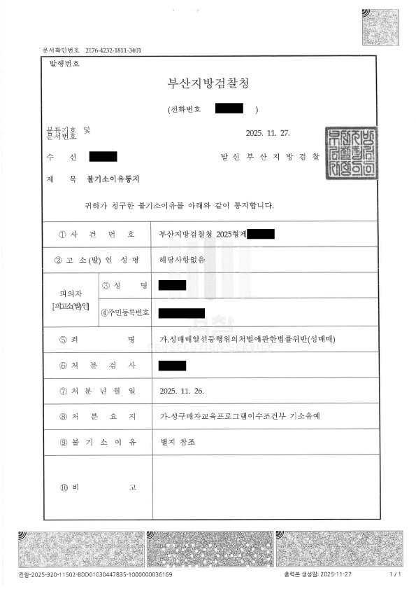 부산성매매변호사, 성매매 혐의 교육조건부 기소유예