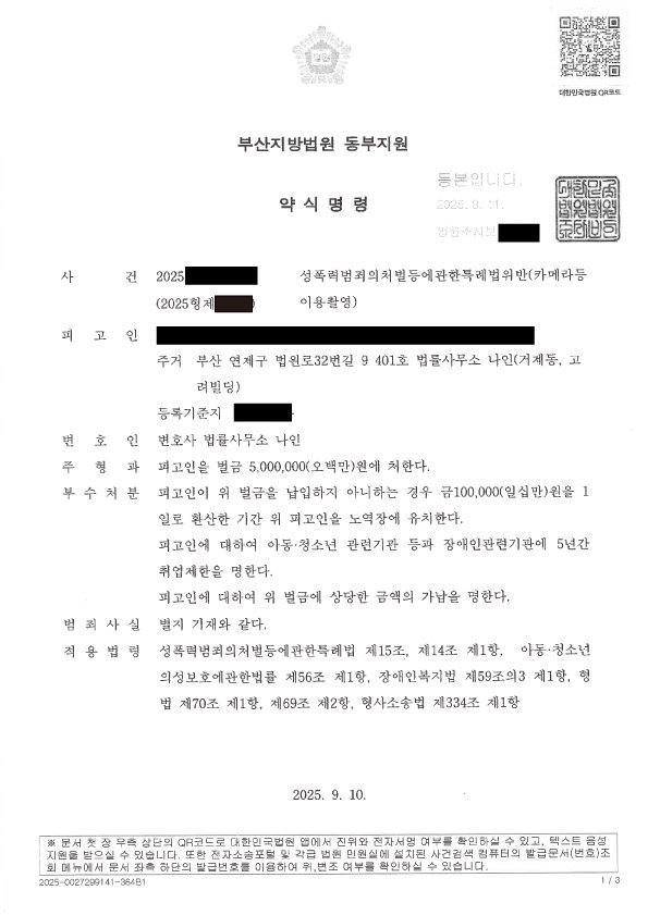 부산지방법원 동부지원 카메라등이용촬영 벌금형 약식명령 사례